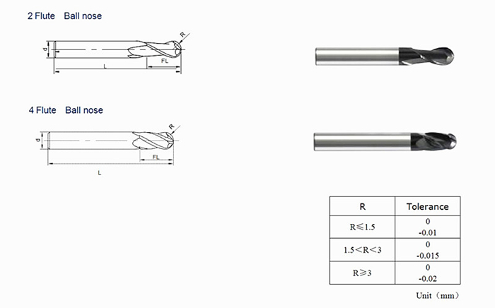 High Performance 2/4 Flute Tungsten Carbide Ball Nose End Mill for Steel 